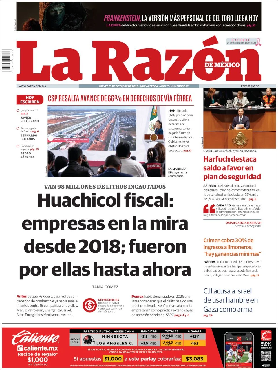 Portada de La Razon del jueves, 23 de octubre de 2025