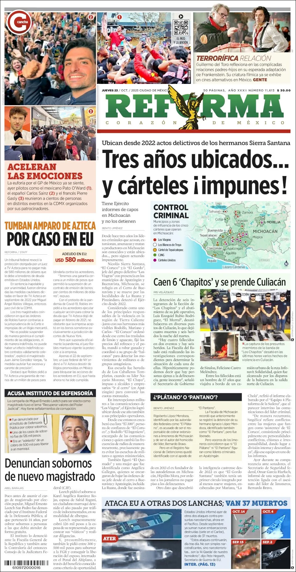 Portada de Reforma del jueves, 23 de octubre de 2025