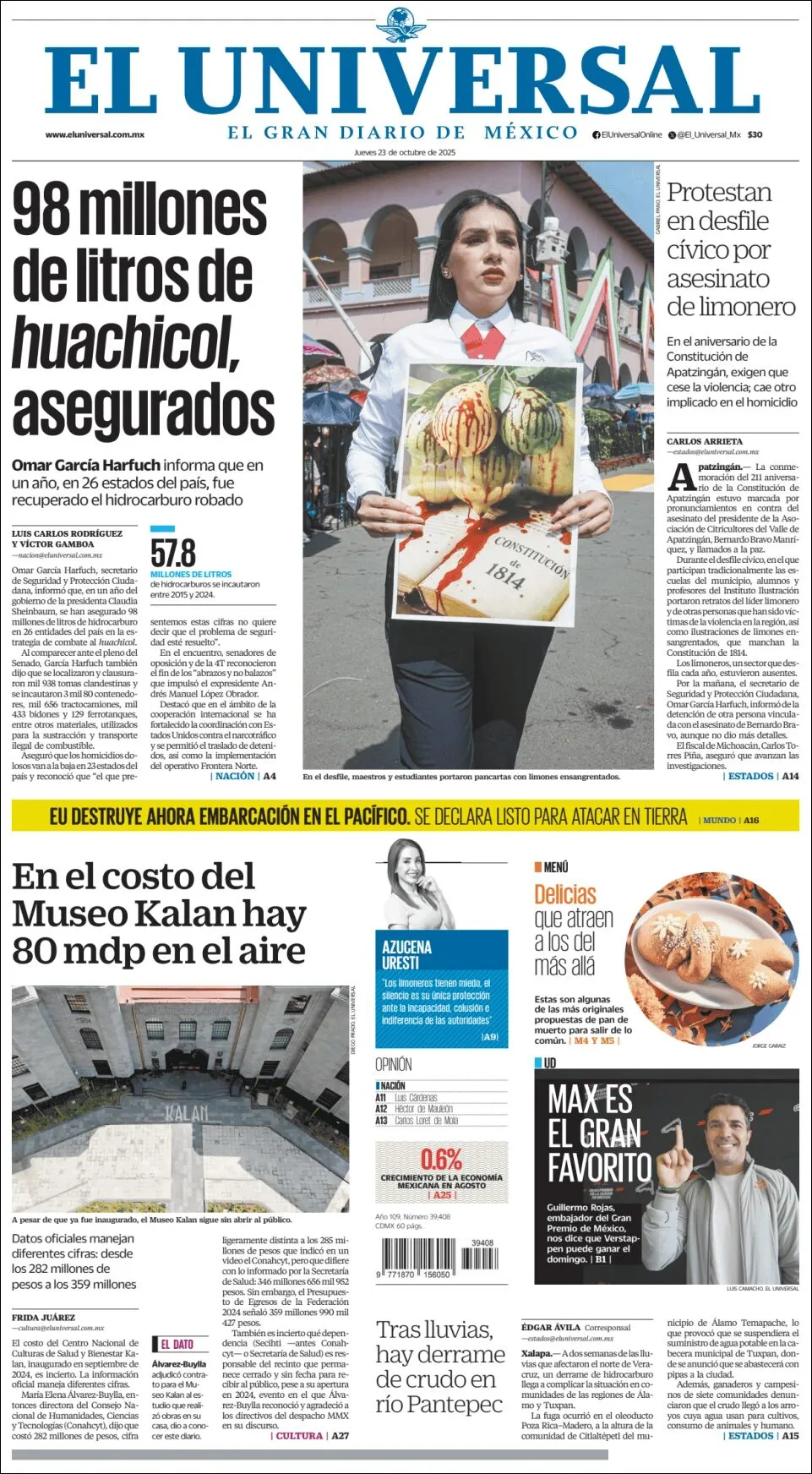 Portada de El Universal del jueves, 23 de octubre de 2025