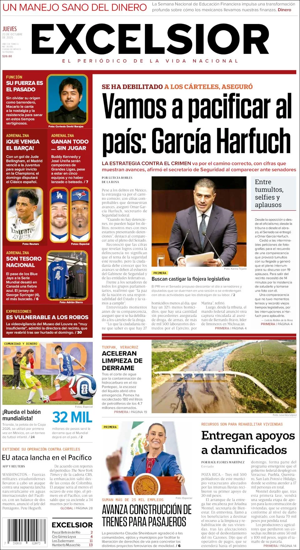 Portada de Excelsior del jueves, 23 de octubre de 2025