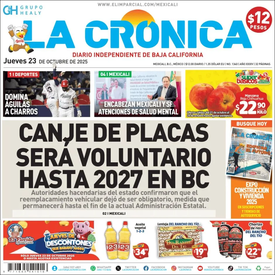 Portada de La Cronica del jueves, 23 de octubre de 2025