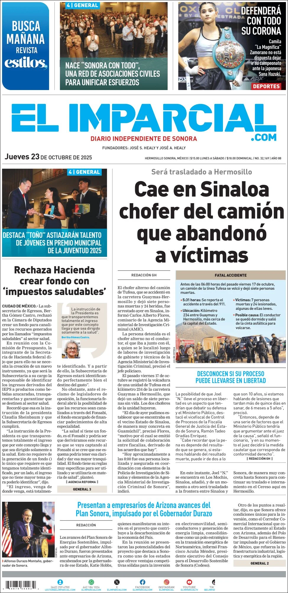 Portada de El Imparcial del jueves, 23 de octubre de 2025