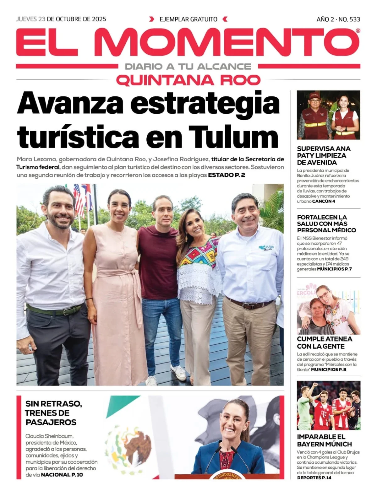 Portada de El Momento Quintana Roo del jueves, 23 de octubre de 2025