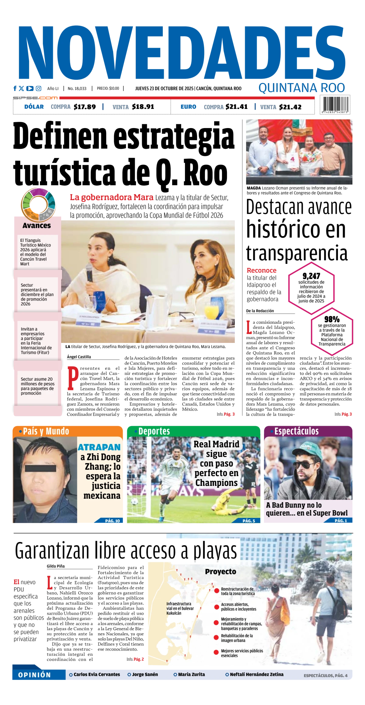 Portada de Novedades Quintana Roo del jueves, 23 de octubre de 2025