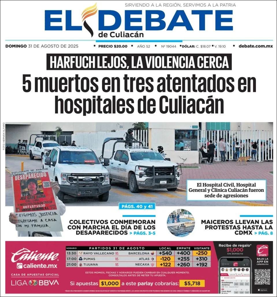 Portada de El Debate de Culiacan del domingo, 31 de agosto de 2025