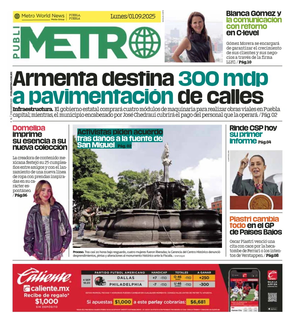 Portada de Publimetro Puebla del lunes, 1 de septiembre de 2025