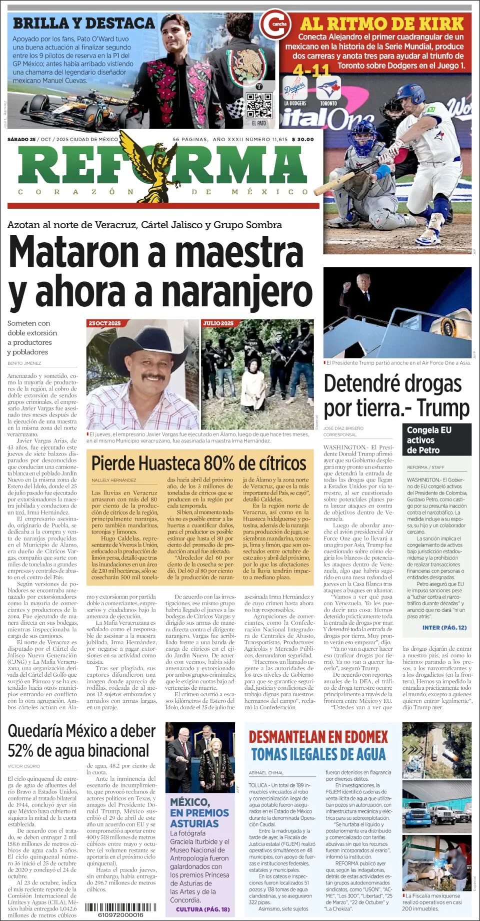 Portada de Reforma del sábado, 25 de octubre de 2025