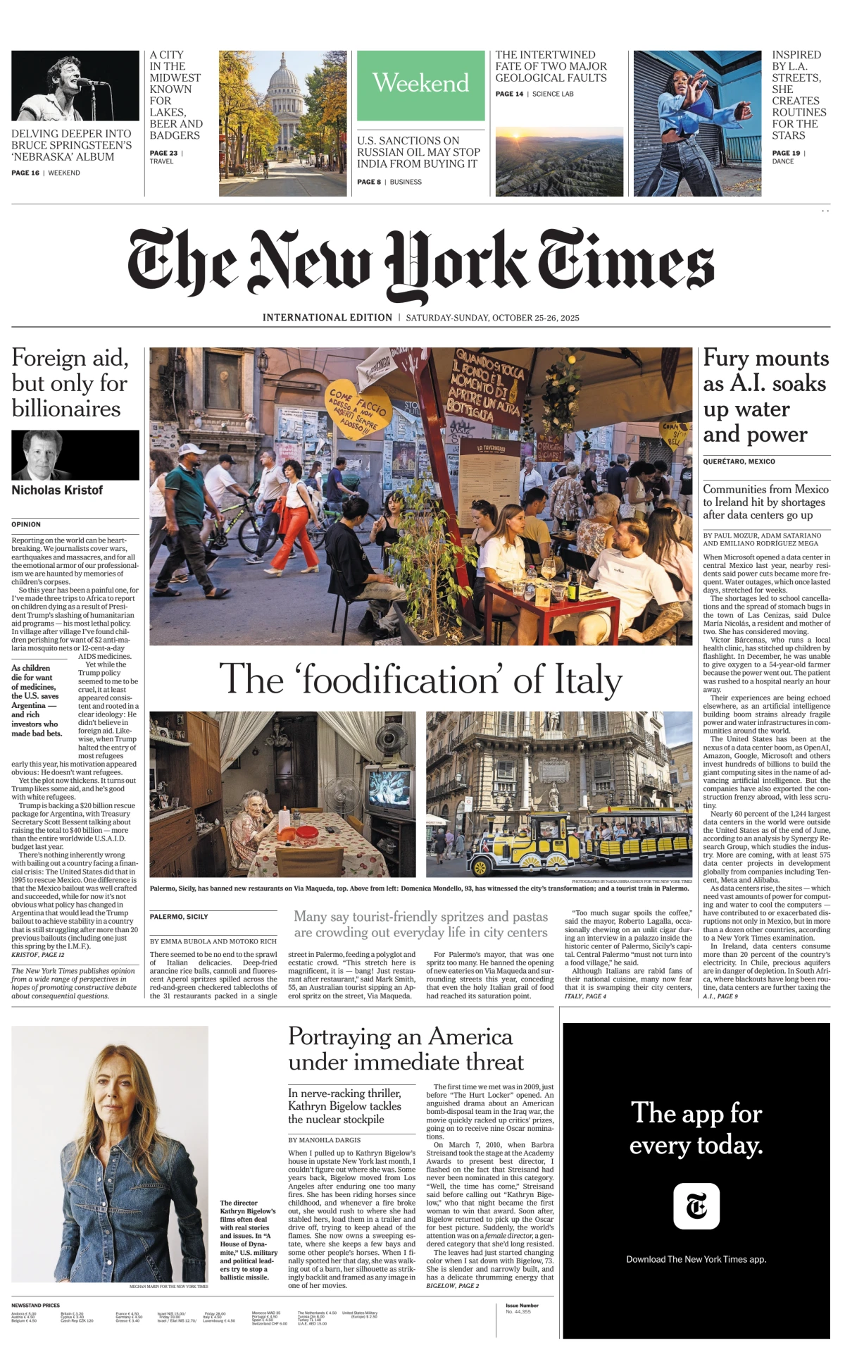 Portada de The New York Times (international) del sábado, 25 de octubre de 2025