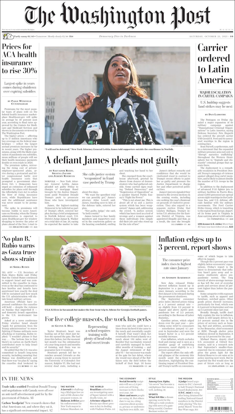 Portada de The Washington Post del sábado, 25 de octubre de 2025