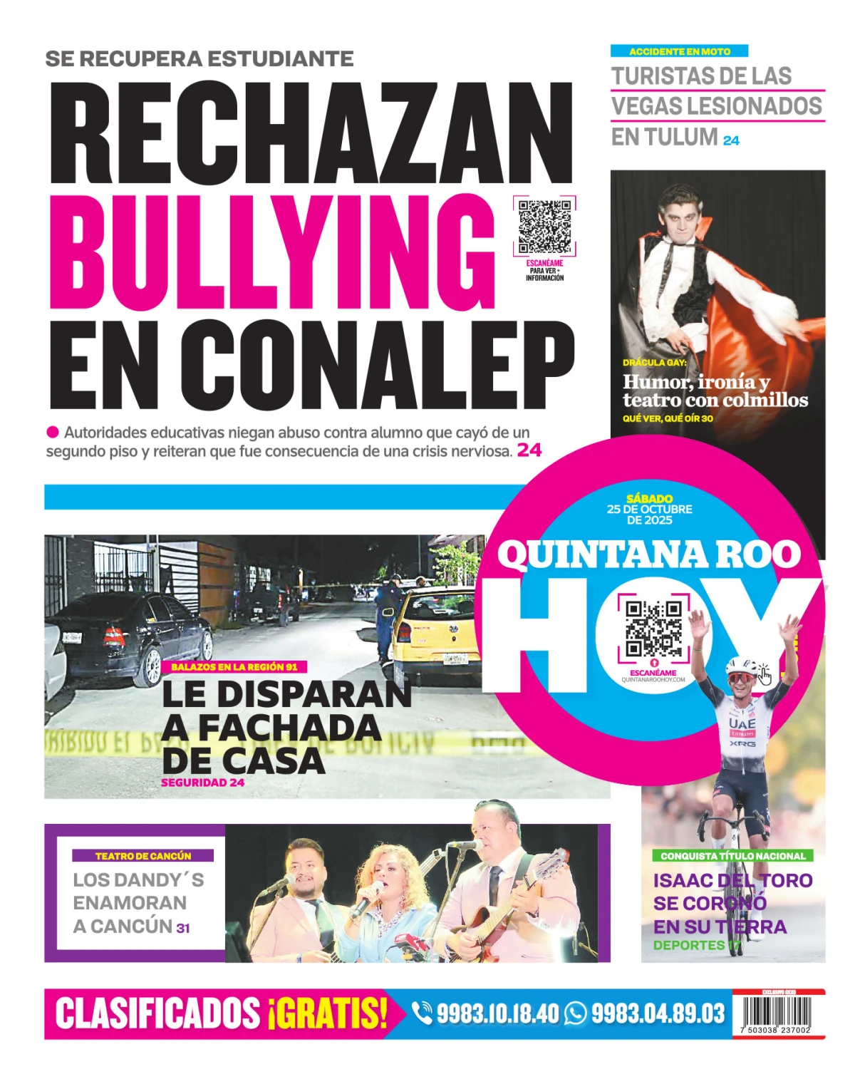 Portada de Quintana Roo Hoy (contraportada) del sábado, 25 de octubre de 2025