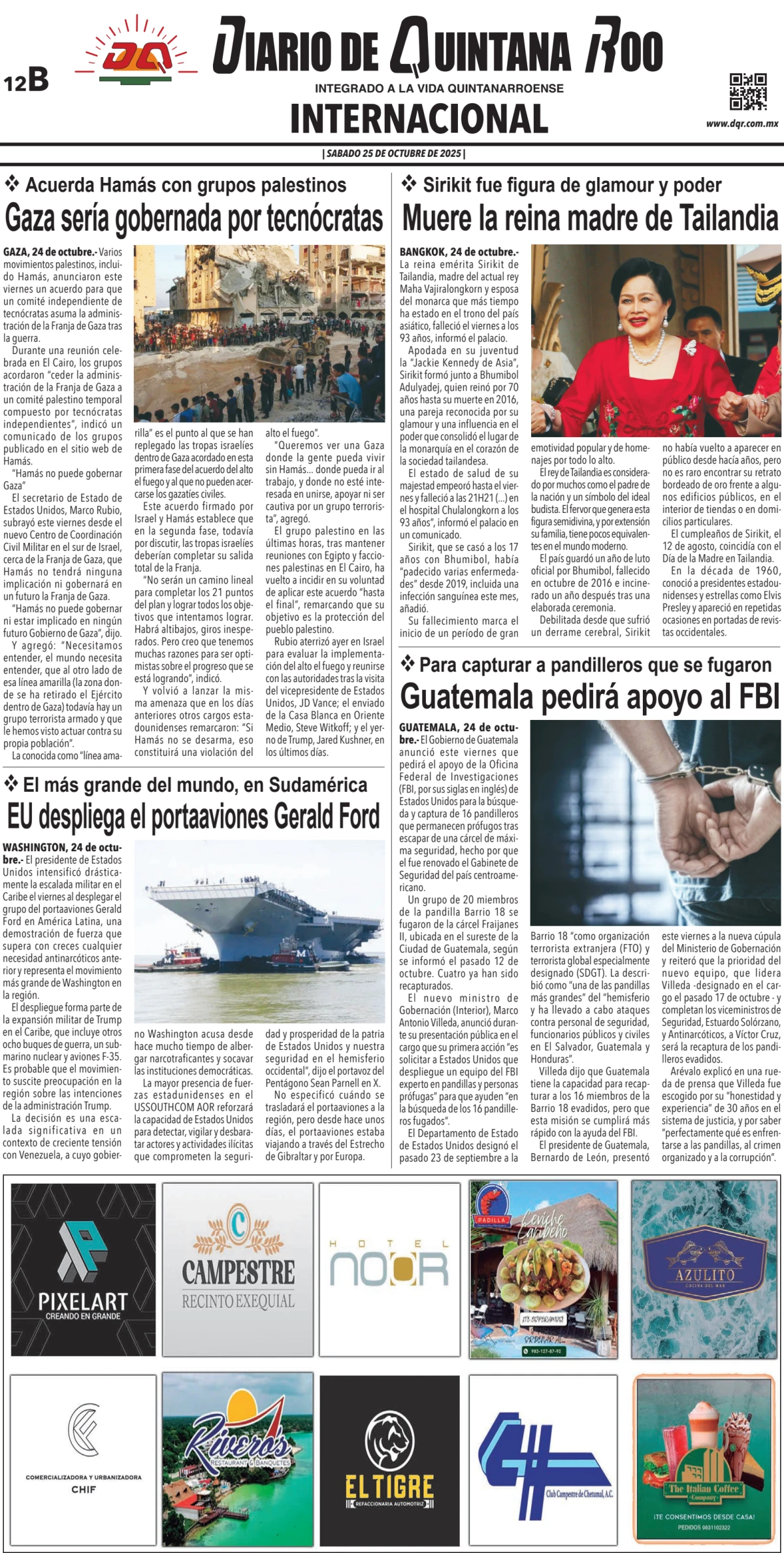 Portada de Diario de Quintana Roo (contra Portada) del sábado, 25 de octubre de 2025