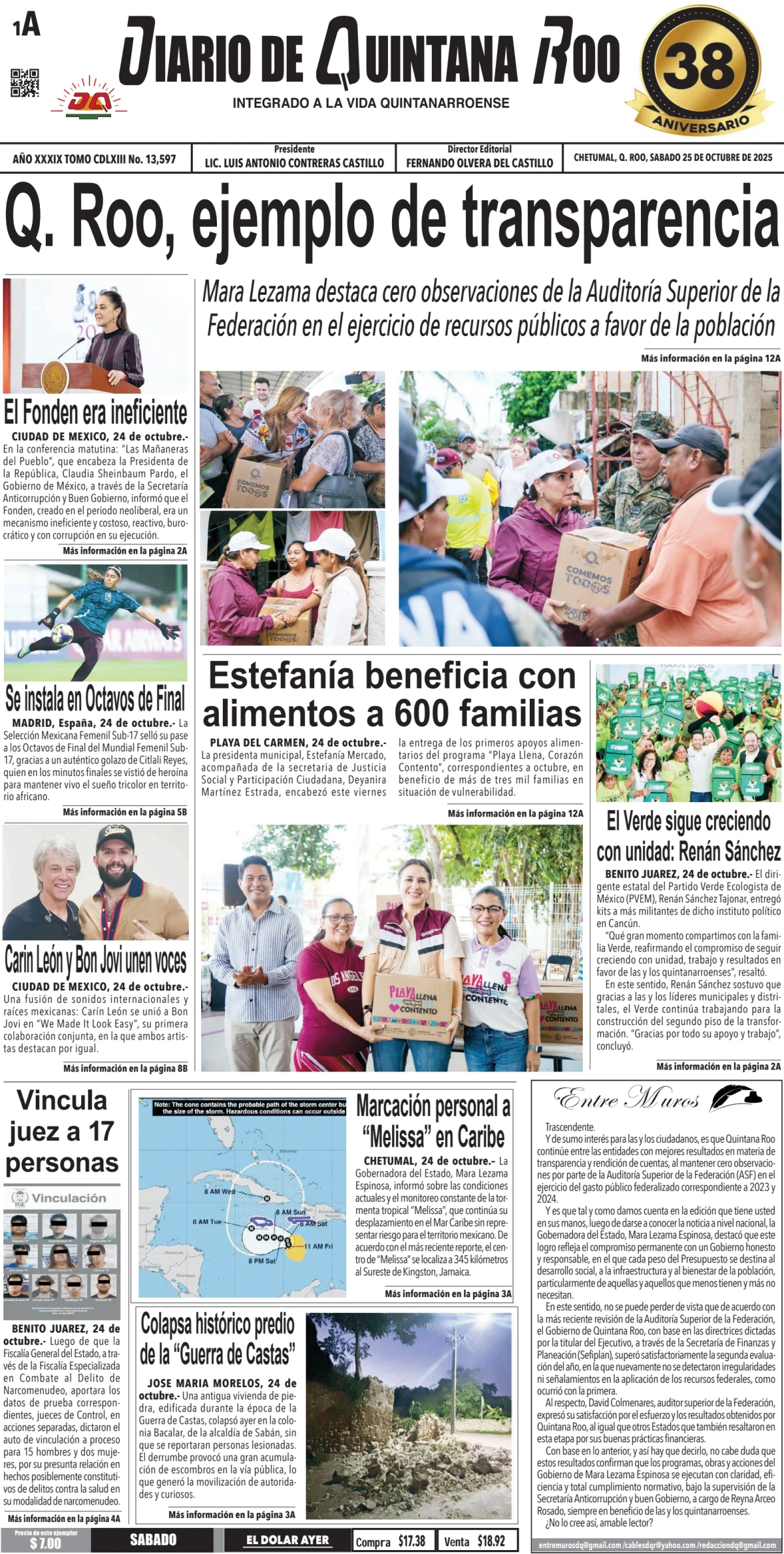 Portada de Diario de Quintana Roo (portada) del sábado, 25 de octubre de 2025