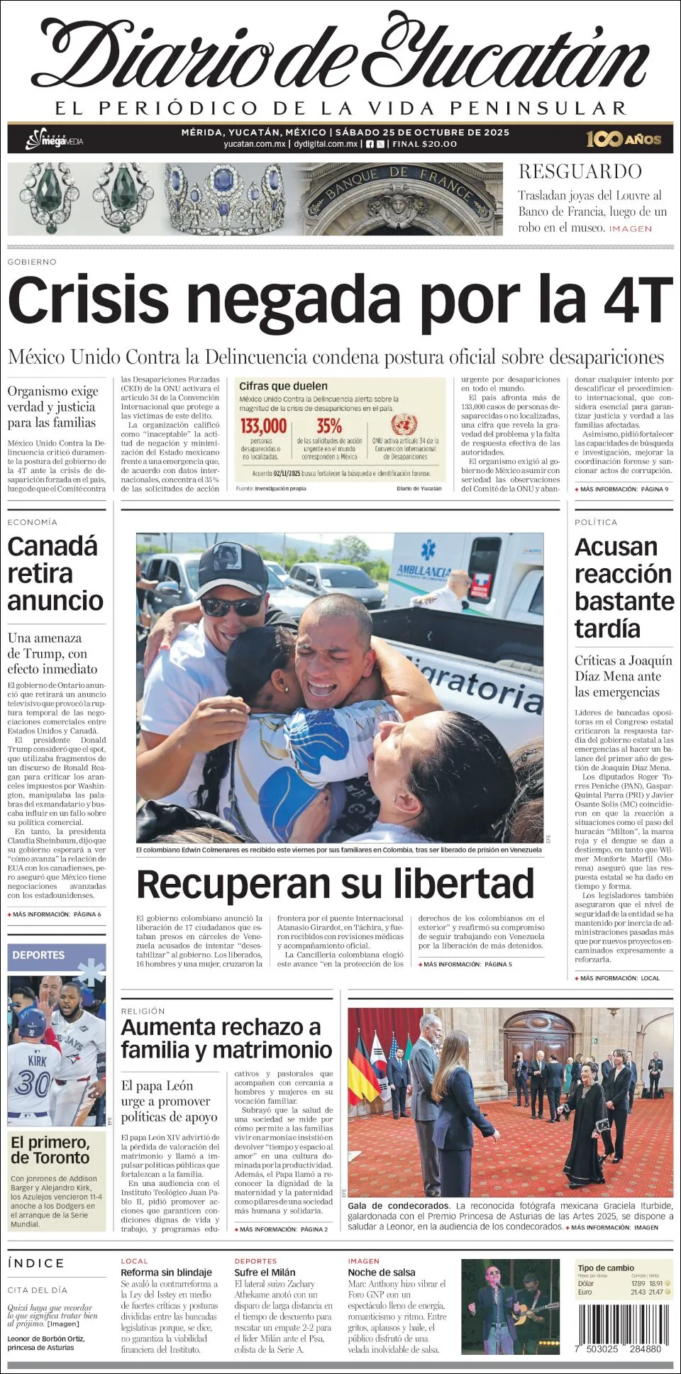 Portada de Diario de Yucatán del sábado, 25 de octubre de 2025