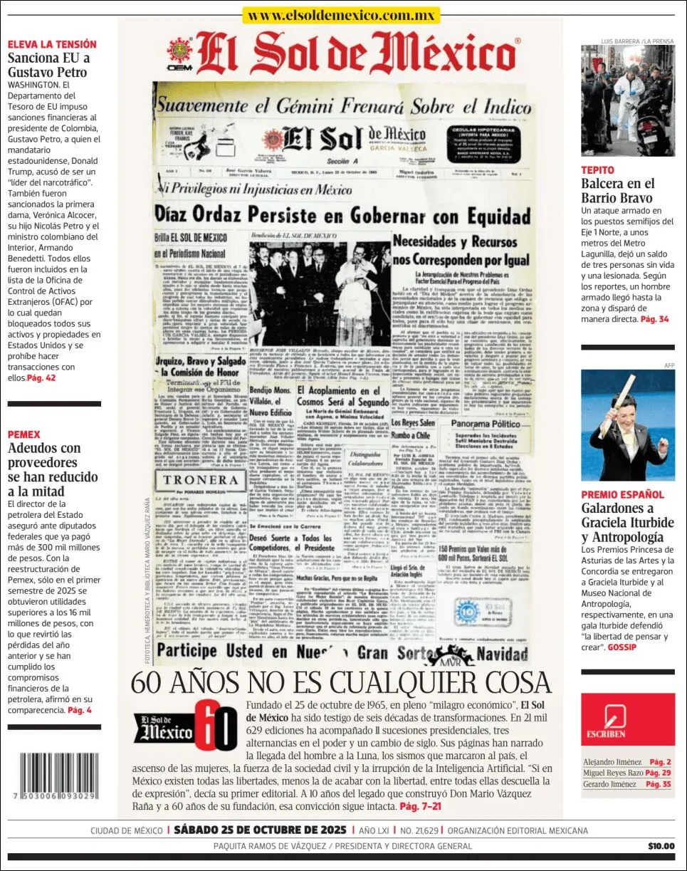 Portada de El Sol de Mexico del sábado, 25 de octubre de 2025