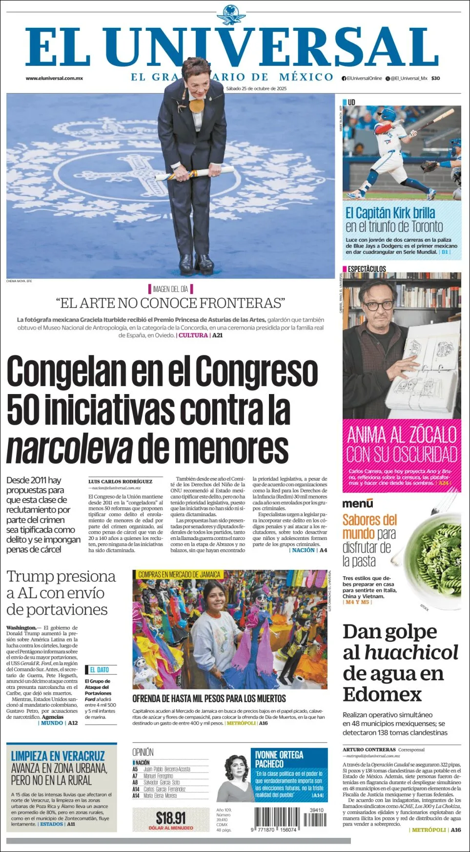 Portada de El Universal del sábado, 25 de octubre de 2025