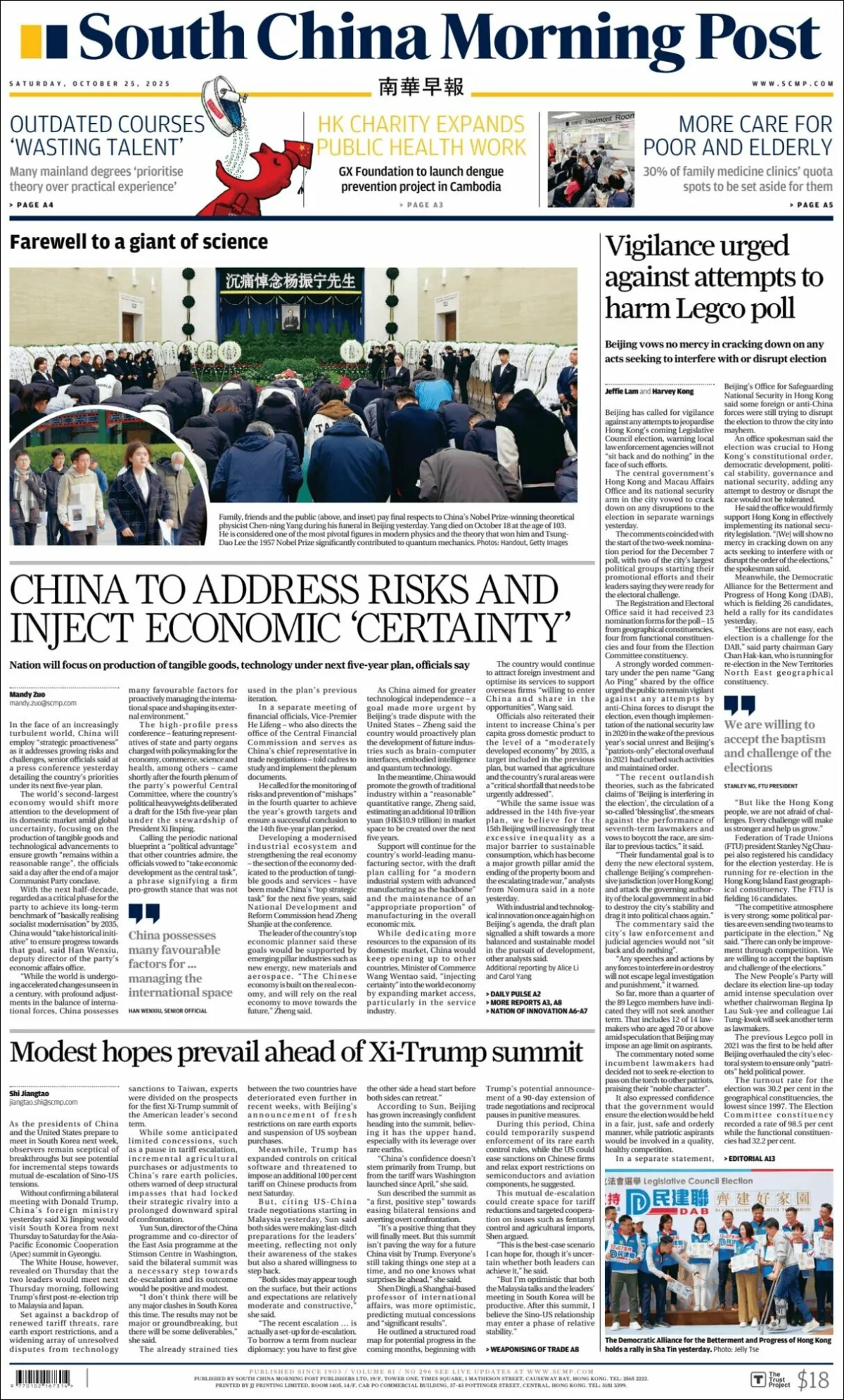 Portada de South China Morning Post del sábado, 25 de octubre de 2025