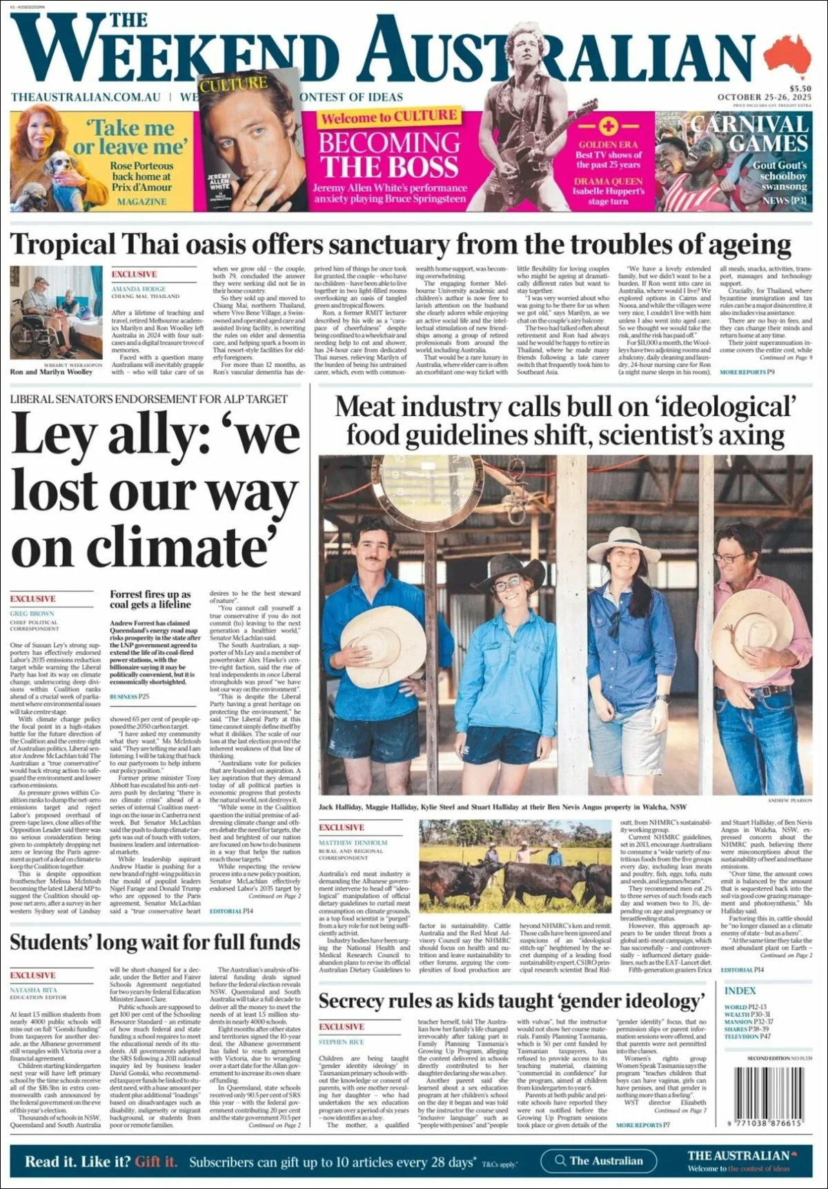 Portada de The Australian del sábado, 25 de octubre de 2025