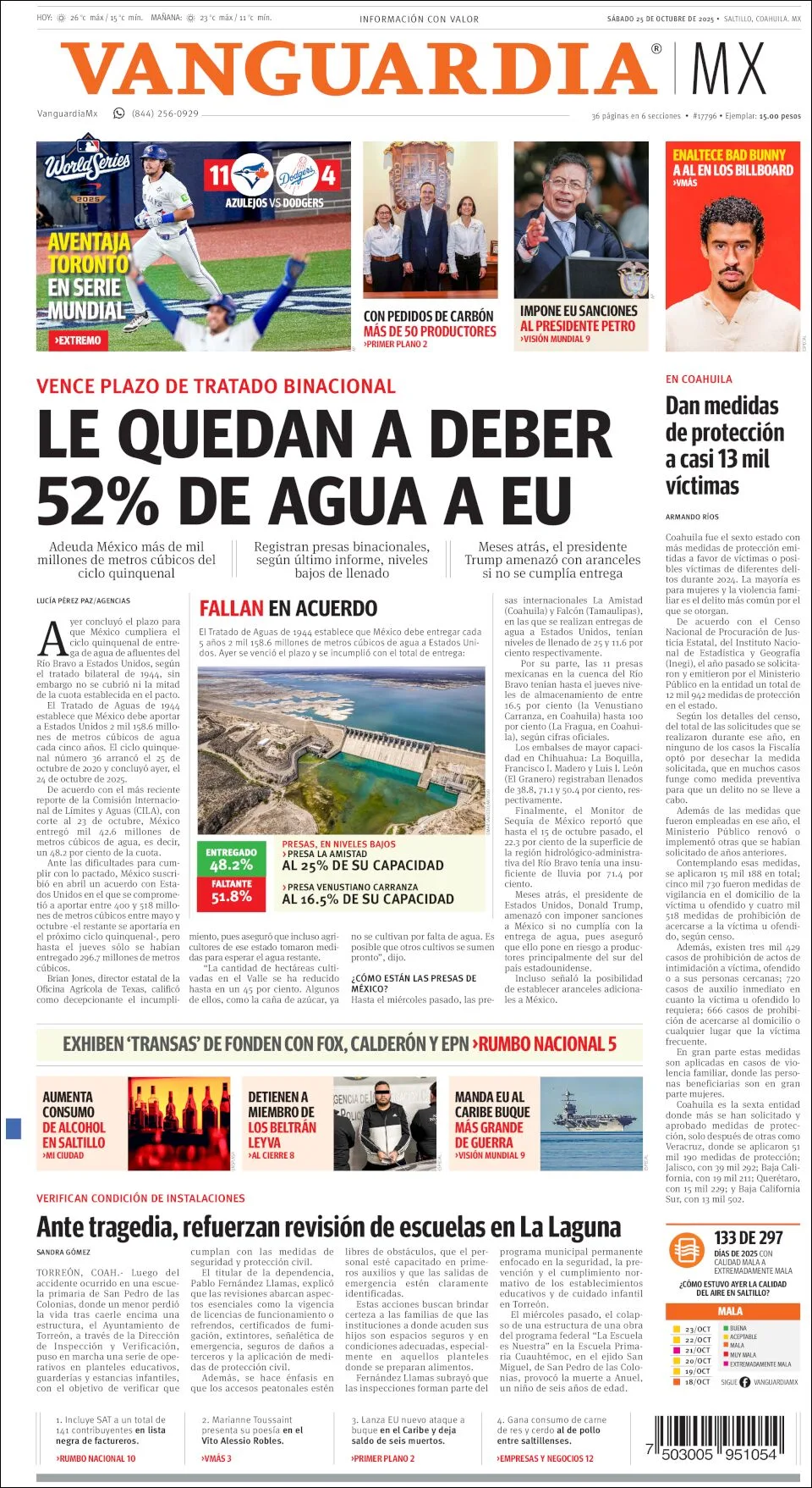 Portada de Vanguardia del sábado, 25 de octubre de 2025