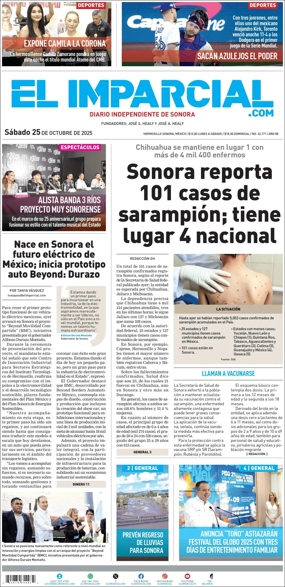 Portada de El Imparcial del sábado, 25 de octubre de 2025