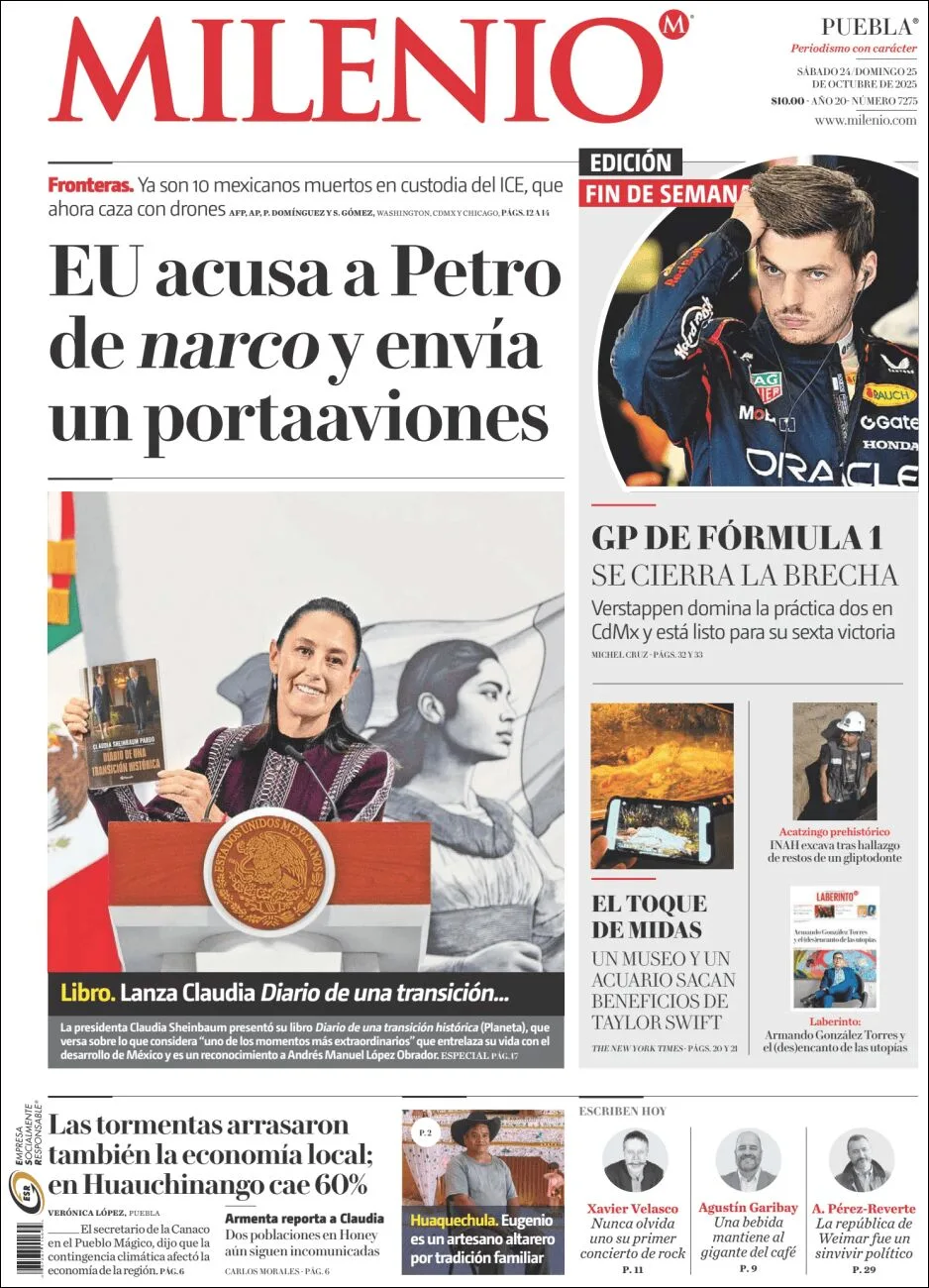 Portada de Milenio Puebla del sábado, 25 de octubre de 2025