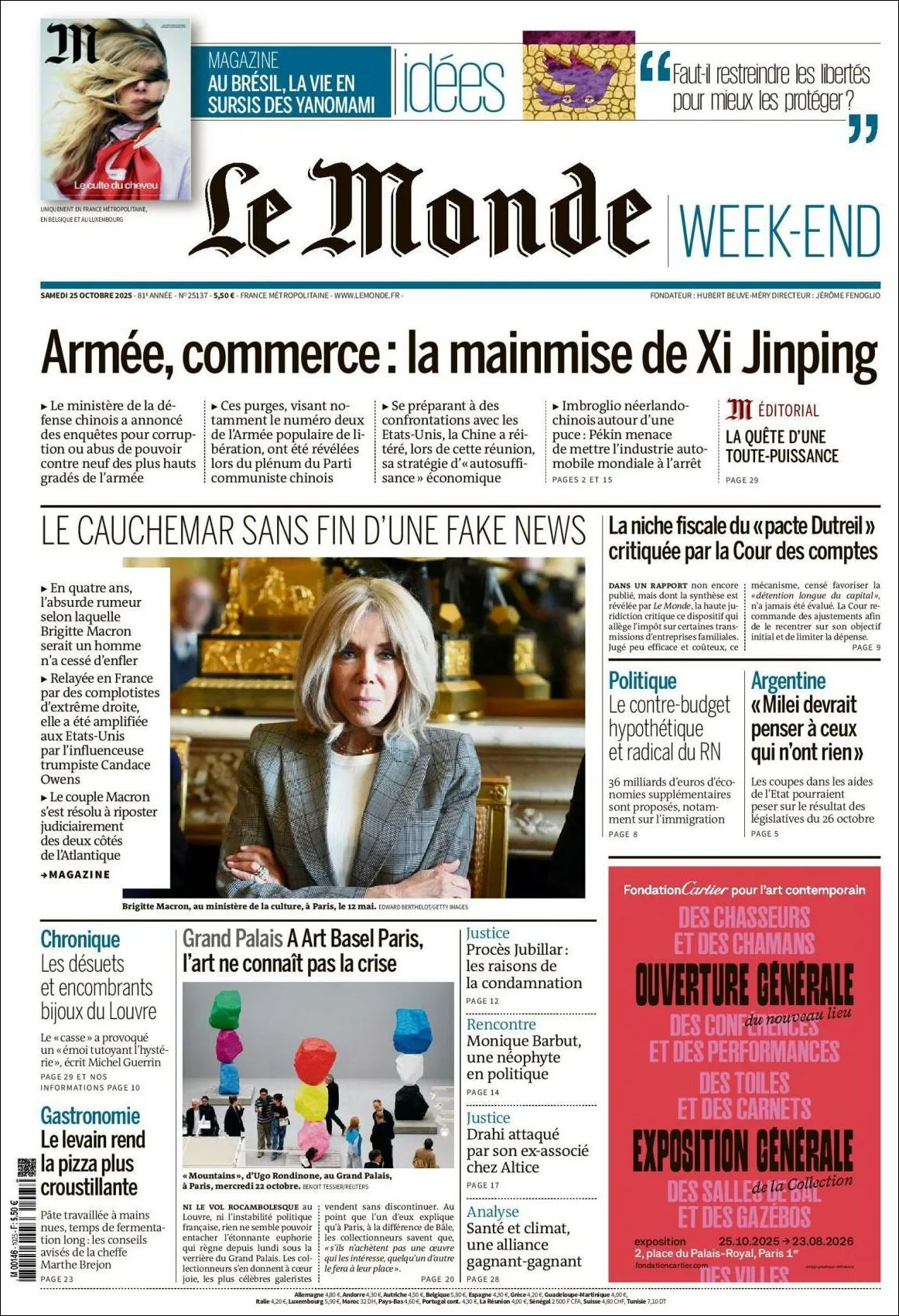 Portada de Le Monde del sábado, 25 de octubre de 2025