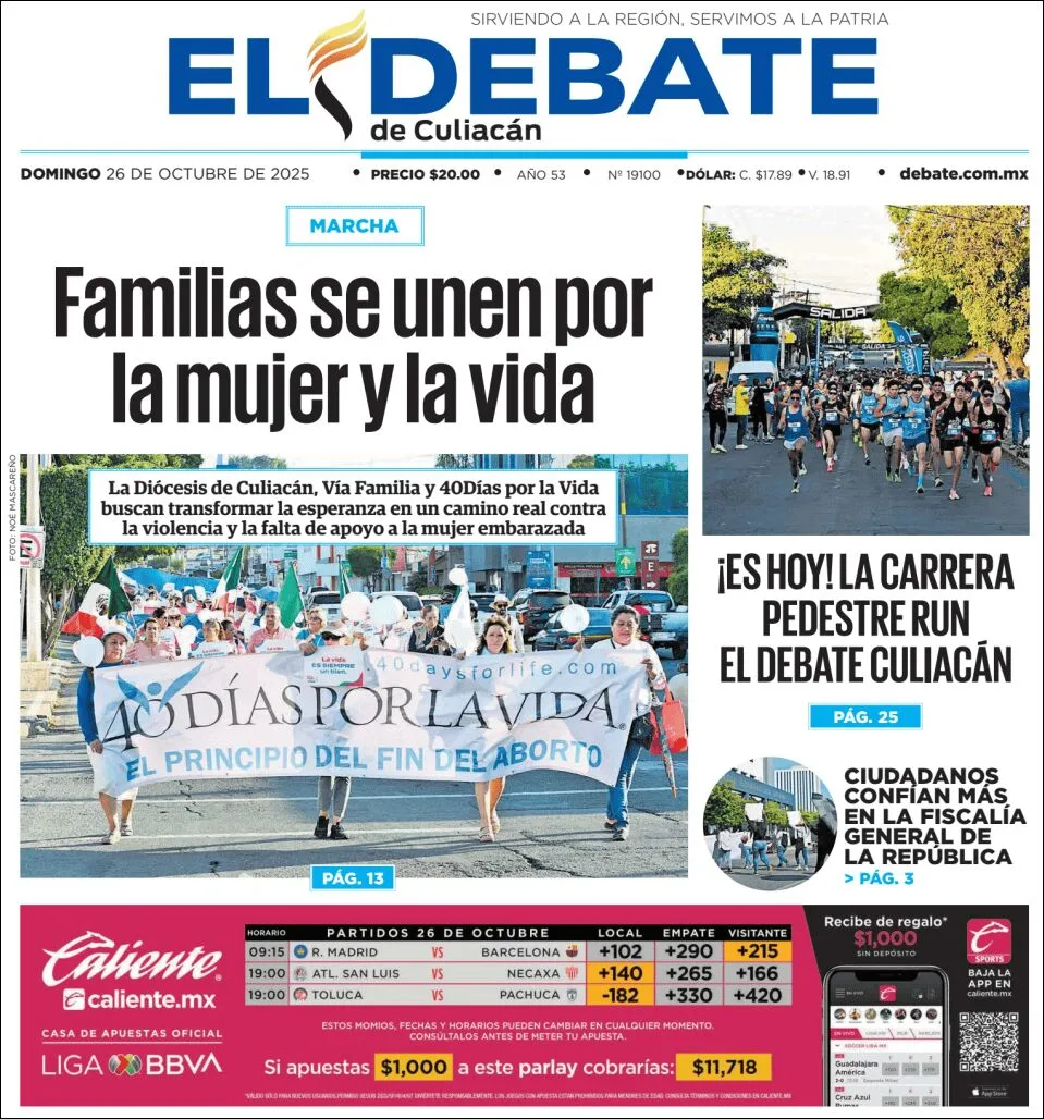 Portada de El Debate de Culiacan del domingo, 26 de octubre de 2025