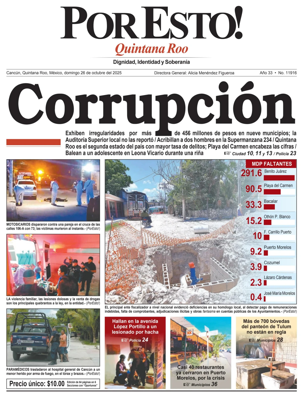 Portada de Por Esto (quintana Roo Cancun) del domingo, 26 de octubre de 2025