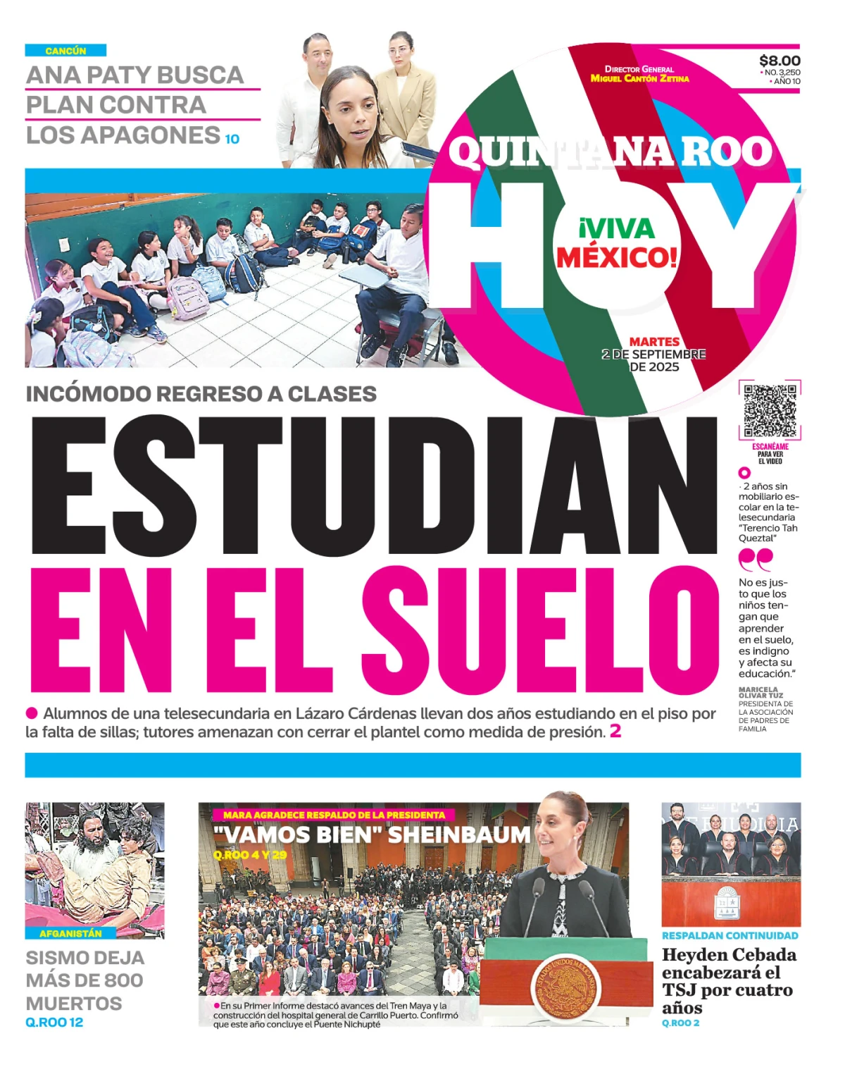 Portada de Quintana Roo Hoy (portada) del martes, 2 de septiembre de 2025