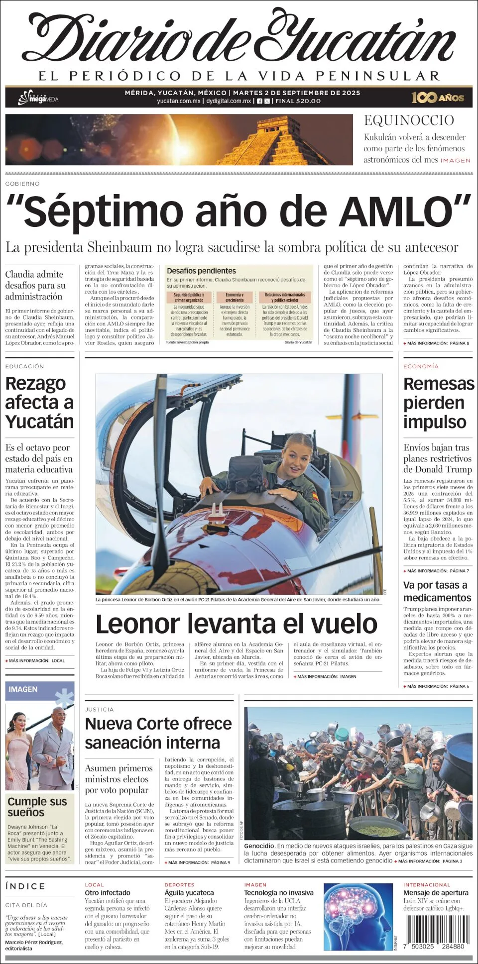 Portada de Diario de Yucatán del martes, 2 de septiembre de 2025