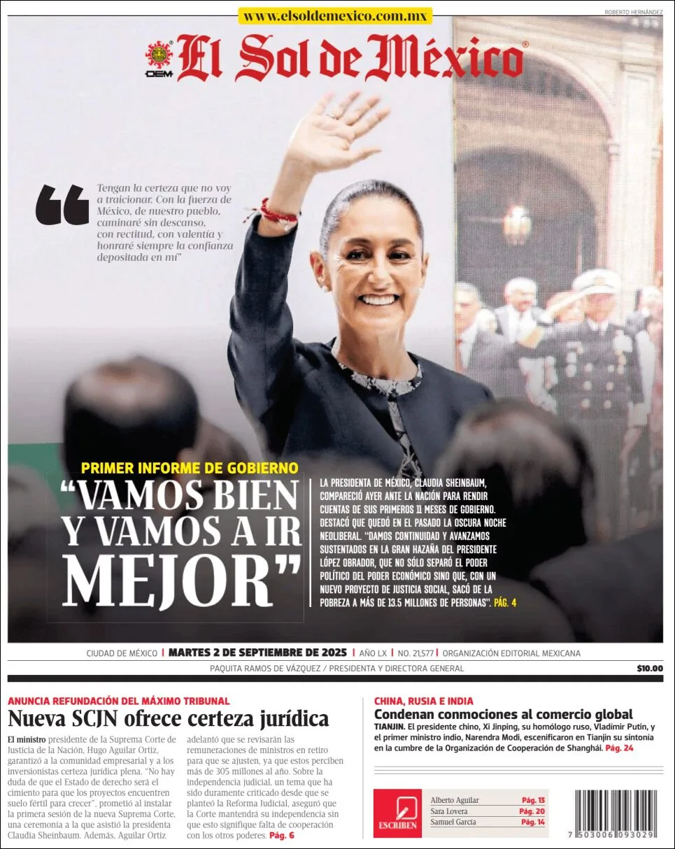Portada de El Sol de Mexico del martes, 2 de septiembre de 2025