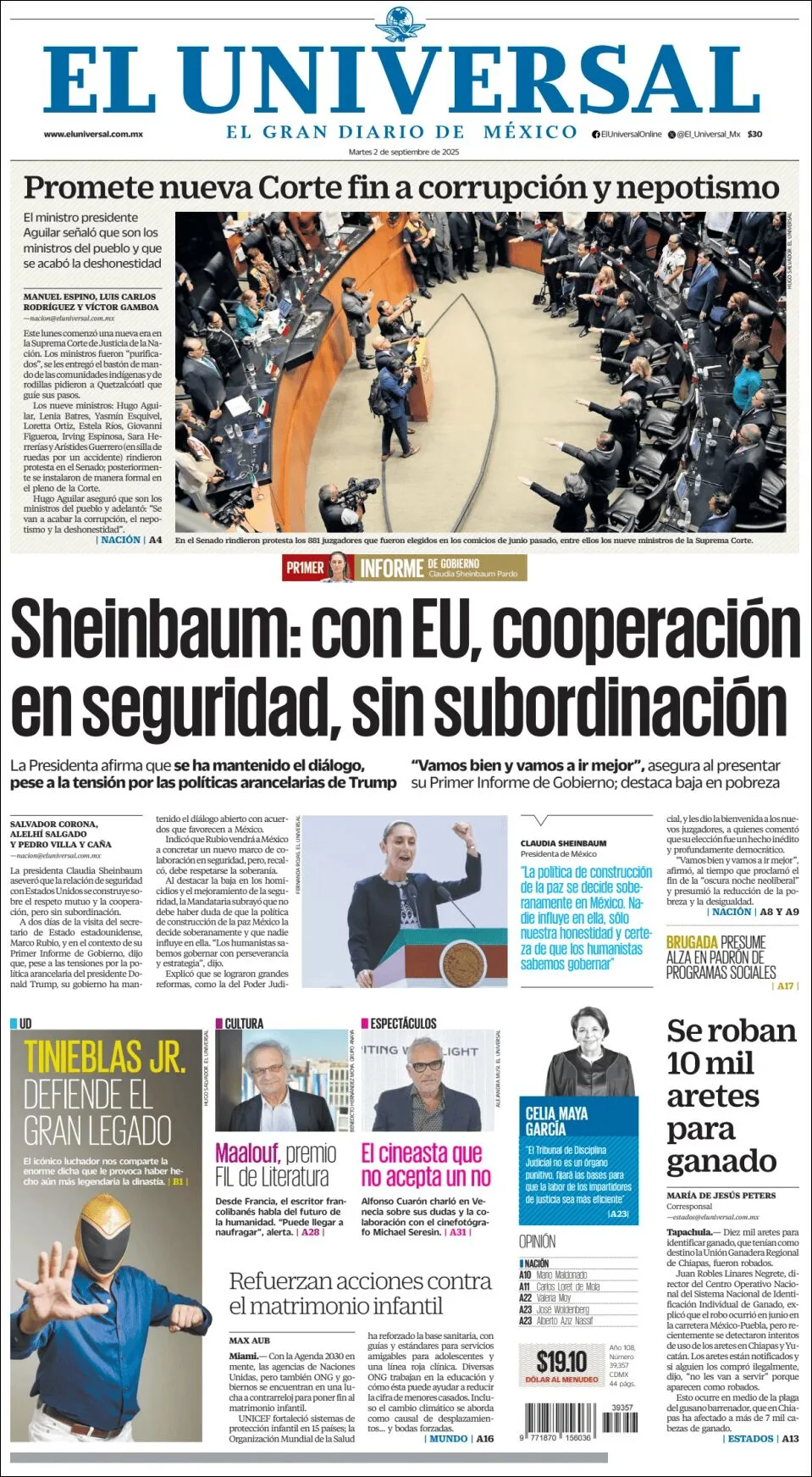 Portada de El Universal del martes, 2 de septiembre de 2025