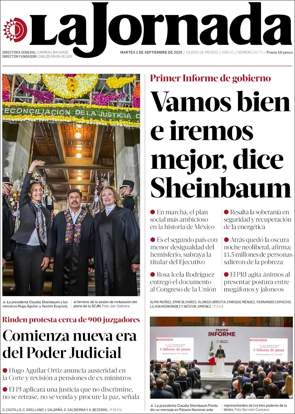 Portada de La Jornada del martes, 2 de septiembre de 2025