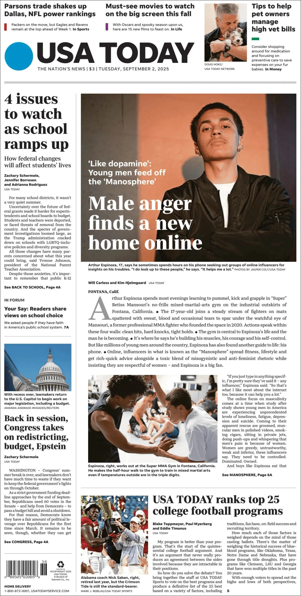 Portada de Usa Today del martes, 2 de septiembre de 2025
