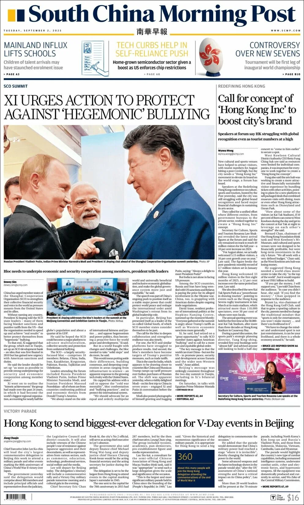 Portada de South China Morning Post del martes, 2 de septiembre de 2025