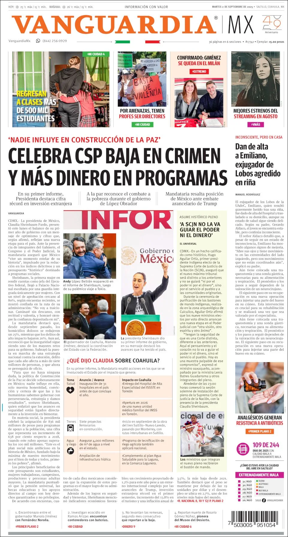 Portada de Vanguardia del martes, 2 de septiembre de 2025