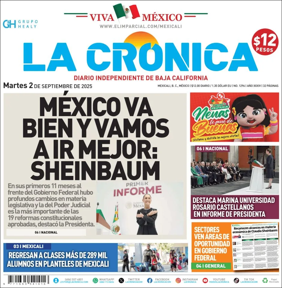 Portada de La Cronica del martes, 2 de septiembre de 2025