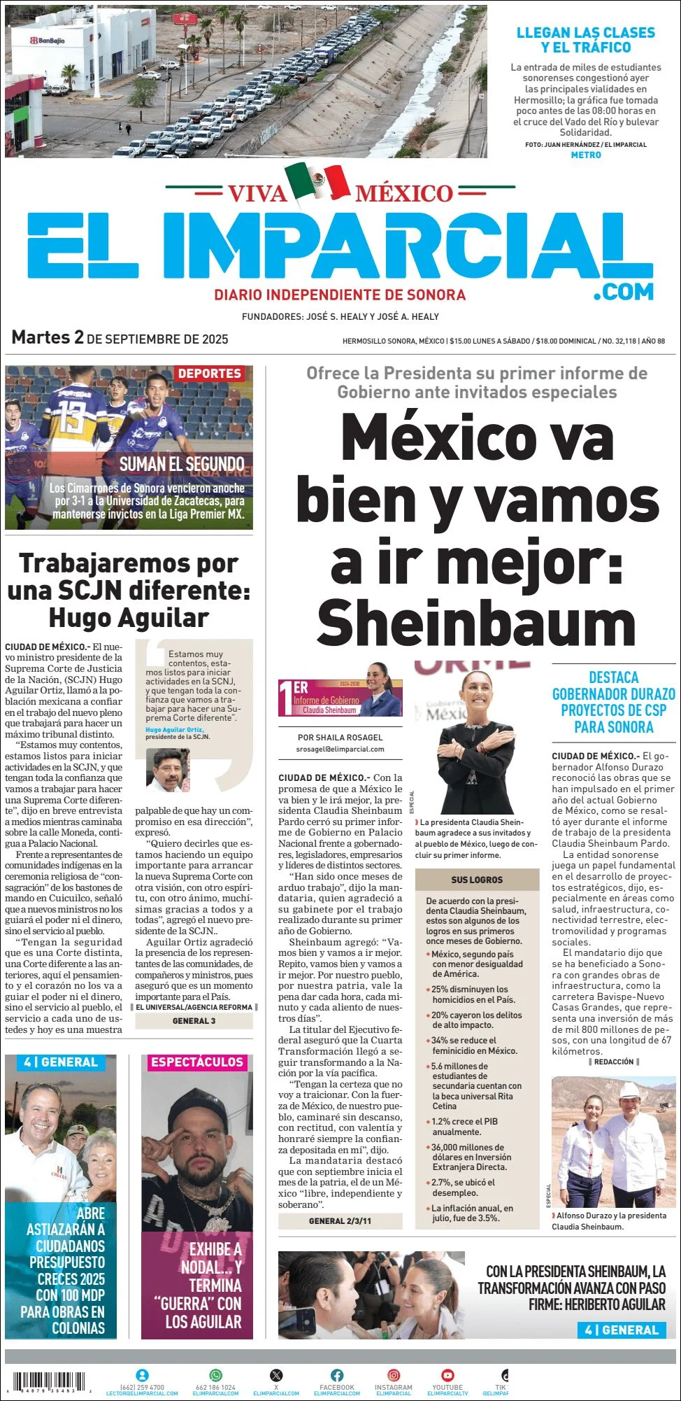 Portada de El Imparcial del martes, 2 de septiembre de 2025