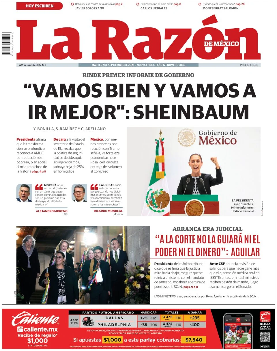 Portada de La Razon del martes, 2 de septiembre de 2025