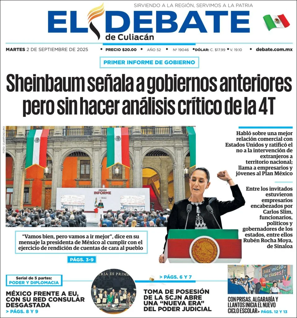 Portada de El Debate de Culiacan del martes, 2 de septiembre de 2025