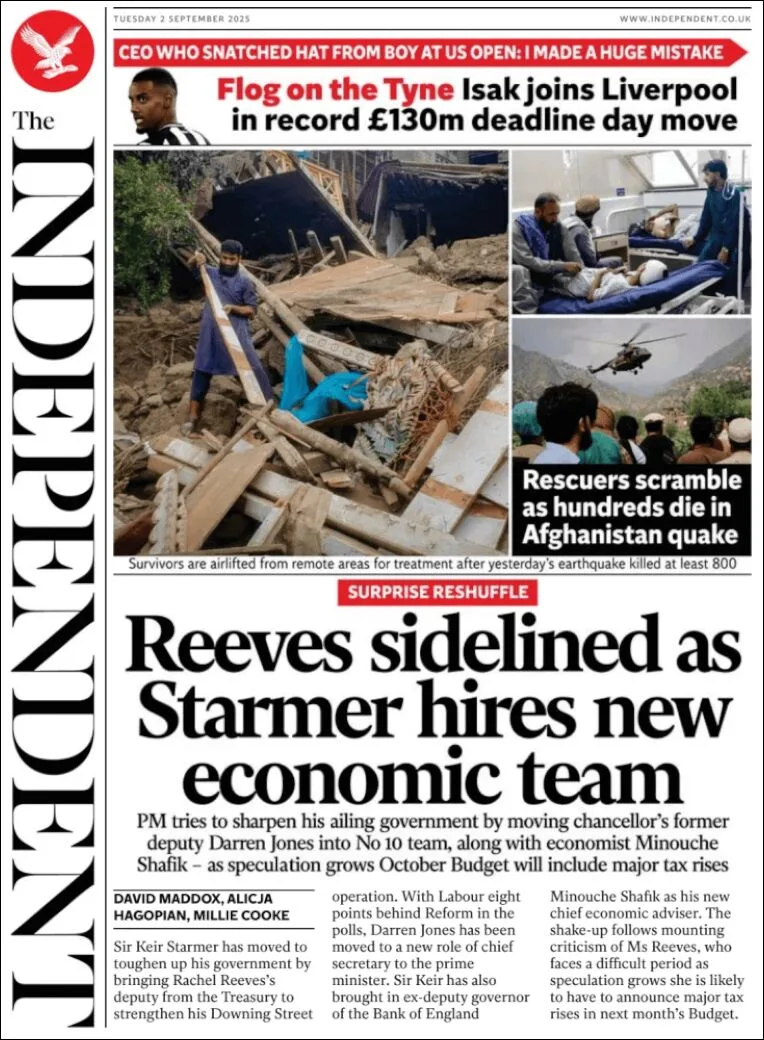 Portada de The Independent del martes, 2 de septiembre de 2025
