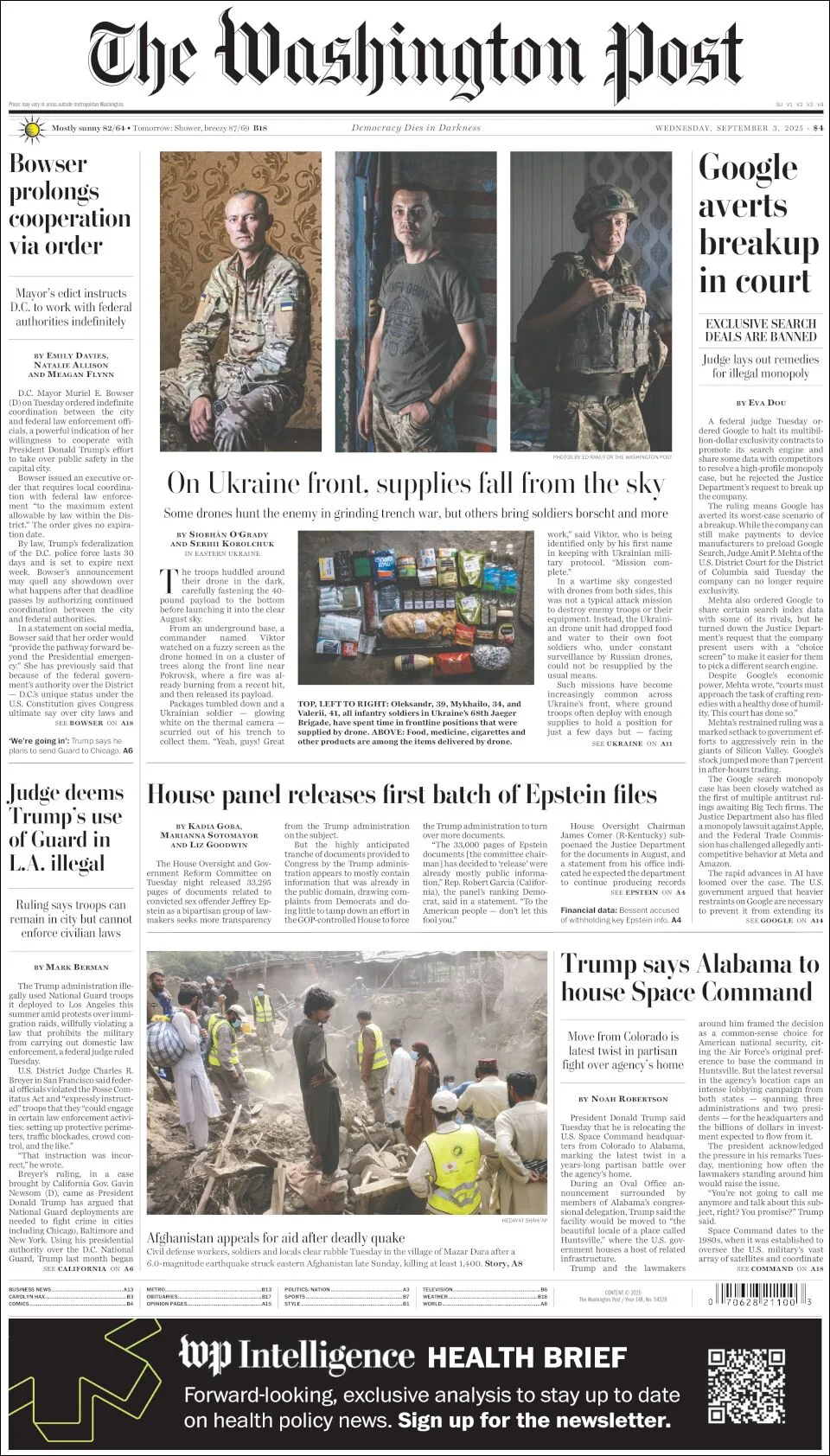 Portada de The Washington Post del miércoles, 3 de septiembre de 2025