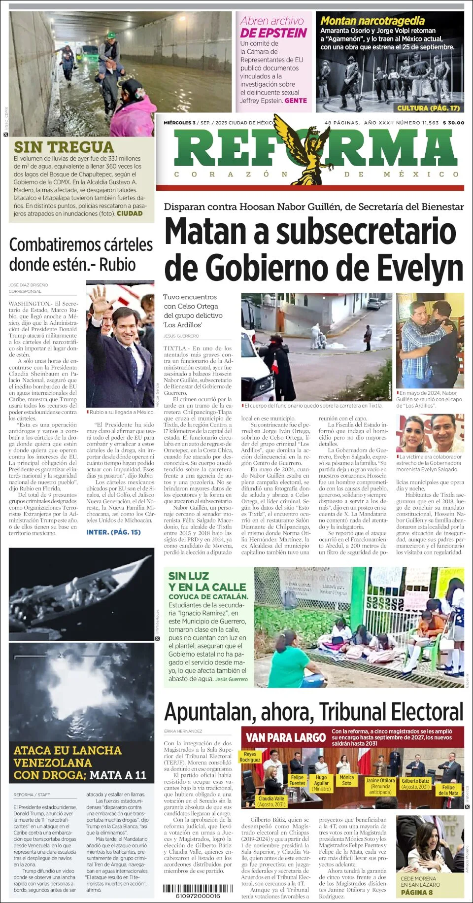 Portada de Reforma del miércoles, 3 de septiembre de 2025