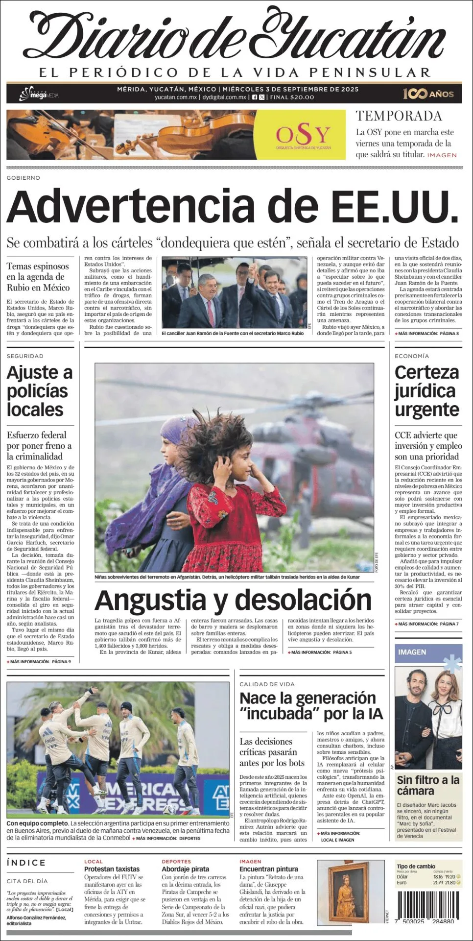 Portada de Diario de Yucatán del miércoles, 3 de septiembre de 2025