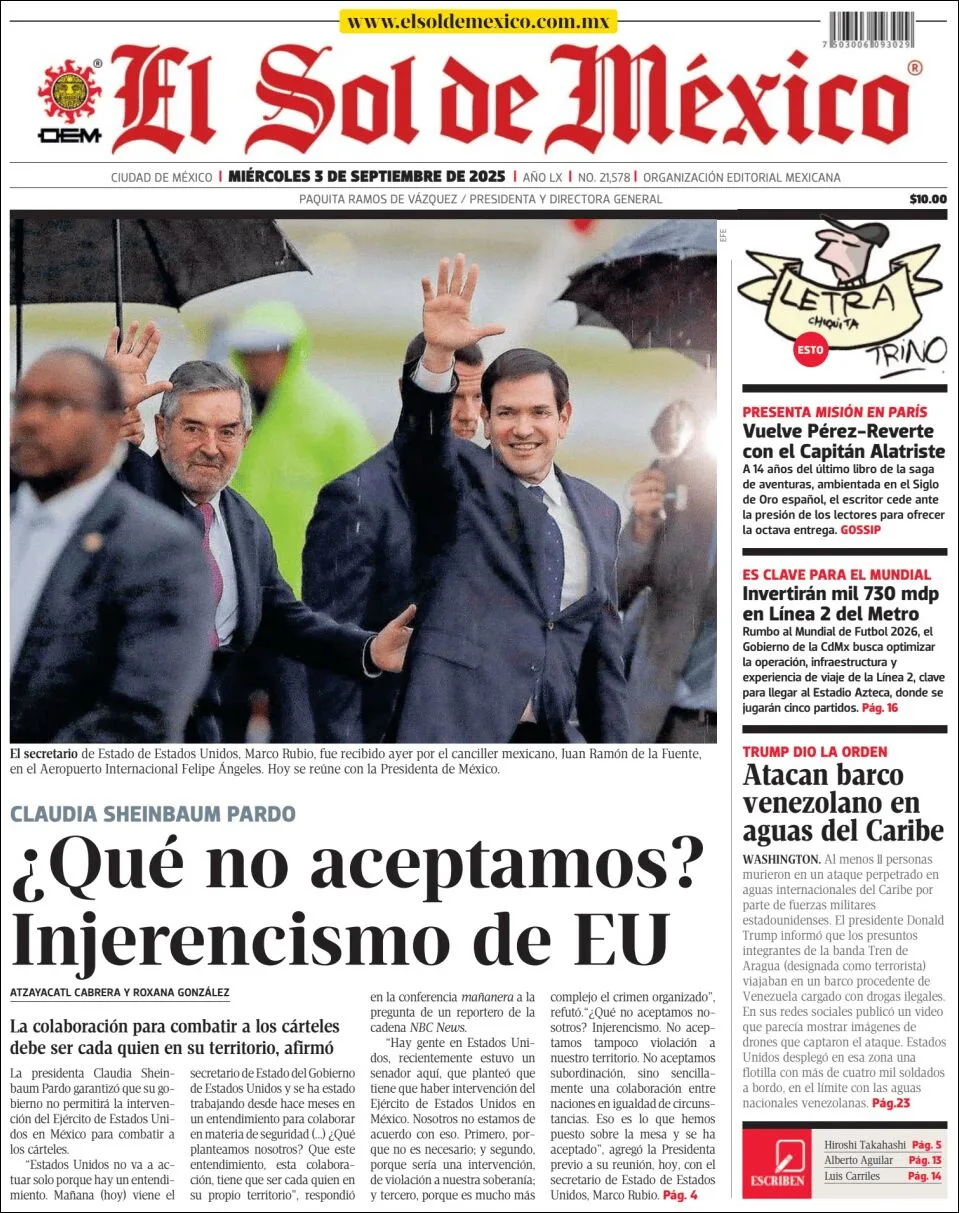 Portada de El Sol de Mexico del miércoles, 3 de septiembre de 2025