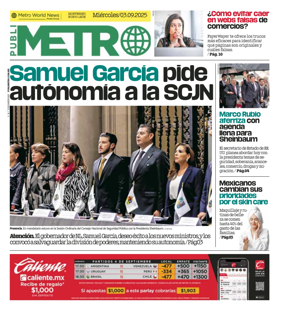 Portada de Publimetro Monterrey del miércoles, 3 de septiembre de 2025
