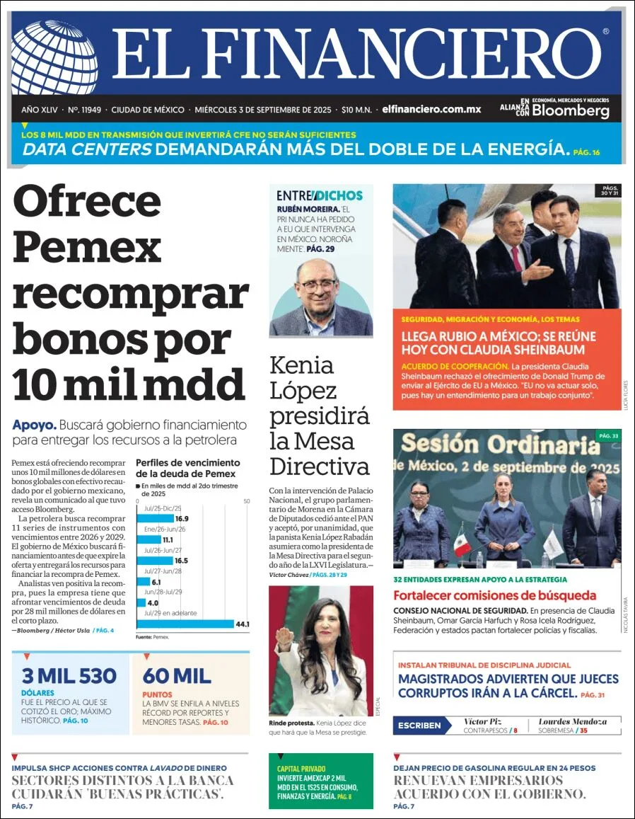 Portada de El Financiero del miércoles, 3 de septiembre de 2025