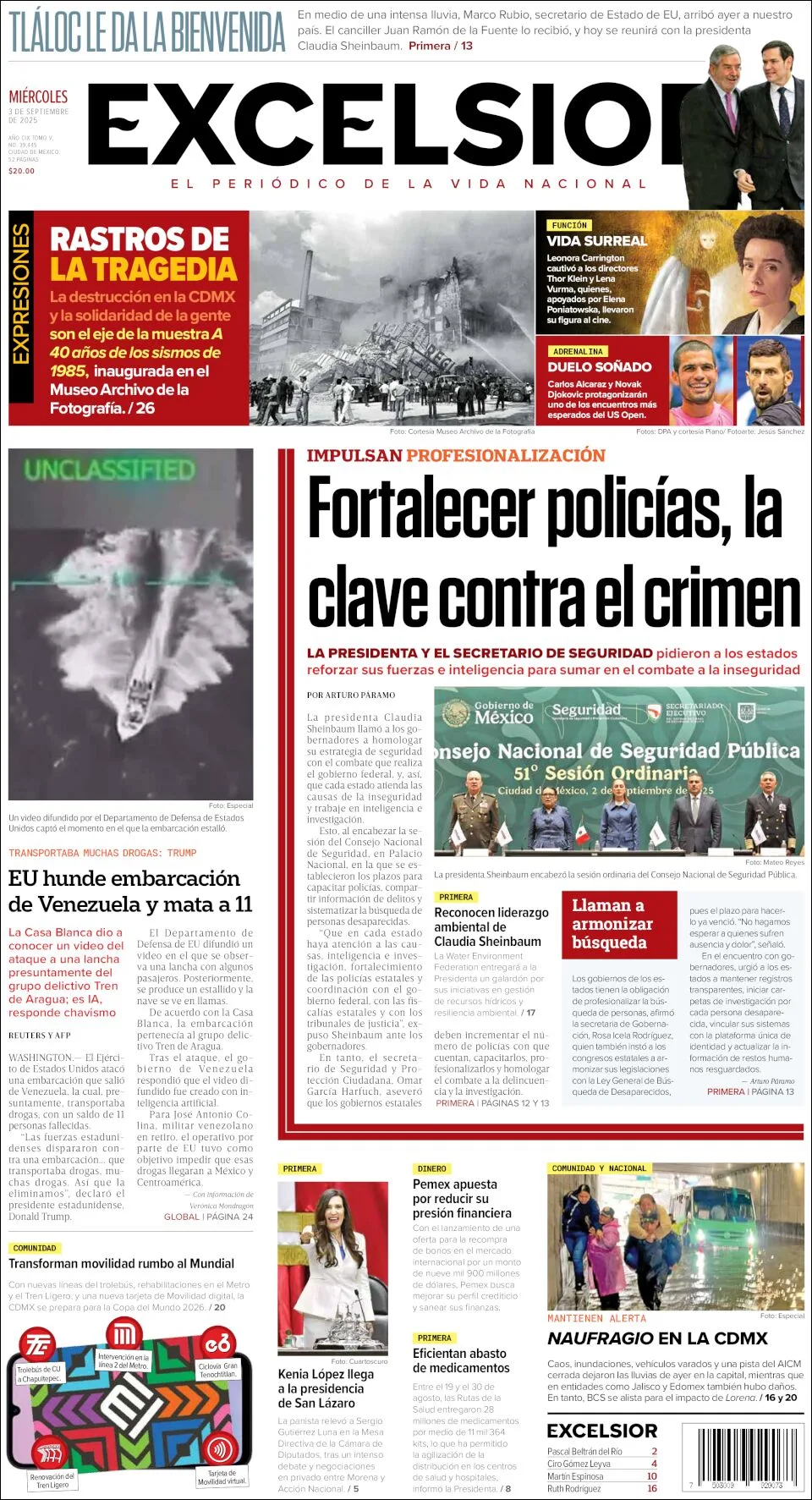 Portada de Excelsior del miércoles, 3 de septiembre de 2025