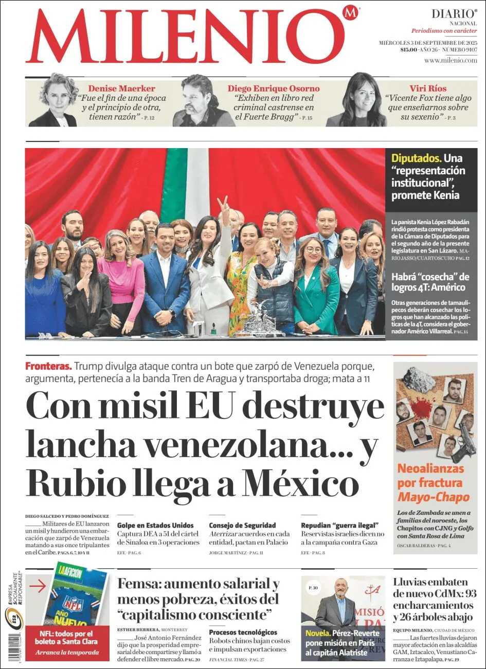 Portada de Milenio del miércoles, 3 de septiembre de 2025