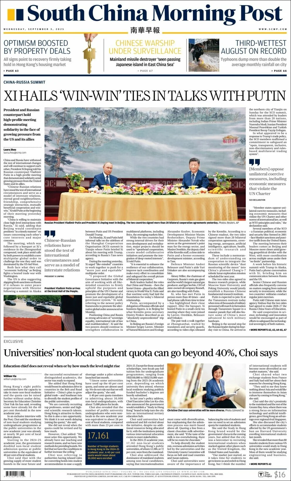 Portada de South China Morning Post del miércoles, 3 de septiembre de 2025