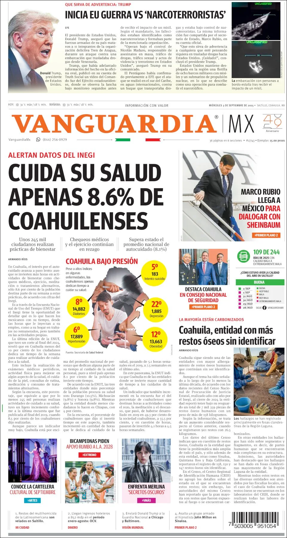 Portada de Vanguardia del miércoles, 3 de septiembre de 2025